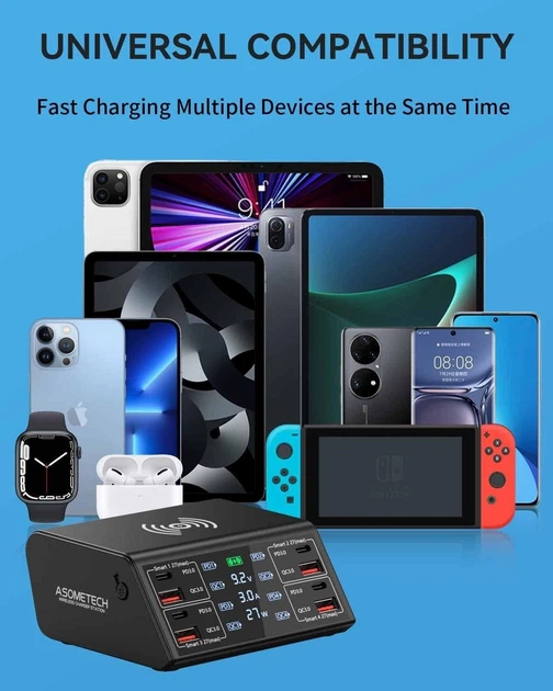 Док-станция Asometech 100W 9в1 4хType-C|4xUSB|1xQi Wireless charger (black) - Фото 5 Док-станция Asometech 100W 9в1 4хType-C|4xUSB|1xQi Wireless charger (black) - изображение 5