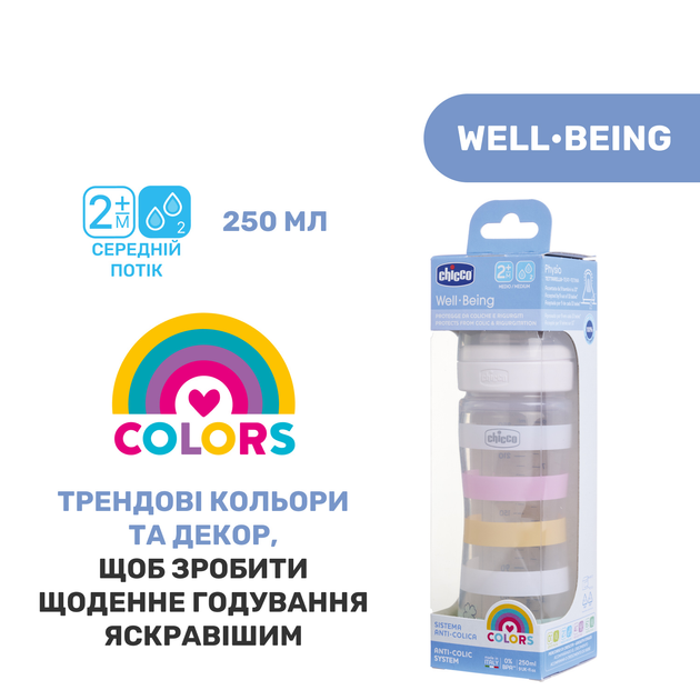 Пляшечка для годування пластикова Chicco Well-Being Colors з силіконовою соскою 2м+ 250 мл Рожева (28623.11) - зображення 8