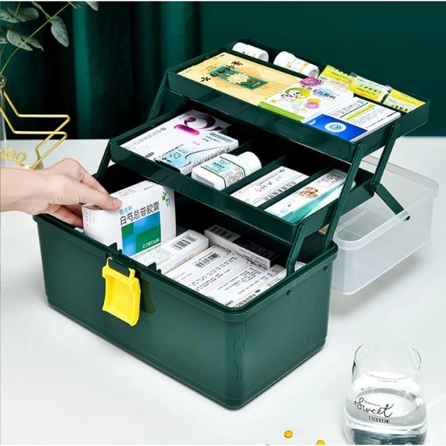 Аптечка-органайзер для лекарств, контейнер пластиковый для медикаментов, три этажа, зеленый (40х23х28см) - изображение 2