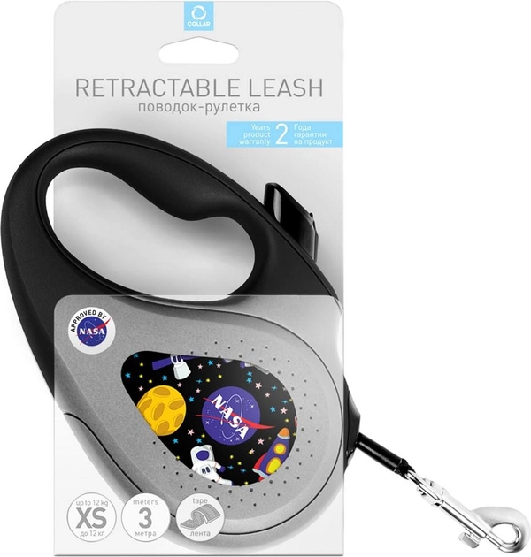 Поводок-рулетка для собак Collar WAUDOG R-leash, рисунок "NASA", XS, до 12 кг, 3 м, светоотражающая лента (8123-0047-01) 