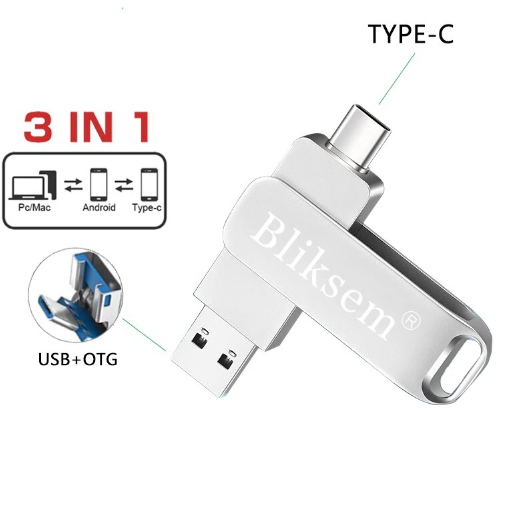 Флешка Bliksem USB 2.0 OTG 64 ГБ металлическая скоба (3в1) USB + Type-C + USB mini - Фото 1 Флешка Bliksem USB 2.0 OTG 64 ГБ металлическая скоба (3в1) USB + Type-C + USB mini - изображение 1
