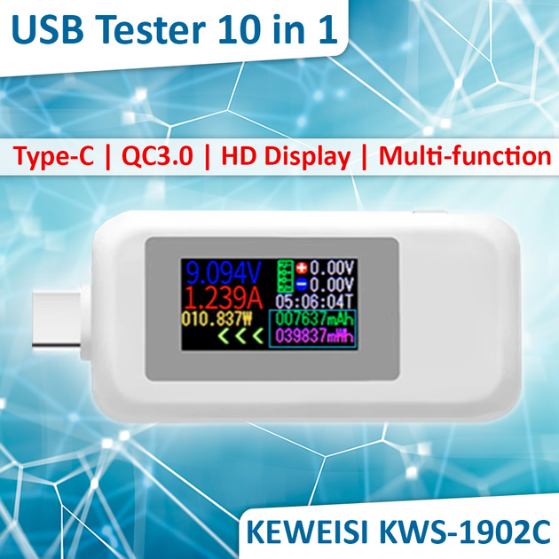 Многофункциональный USB тестер KEWEISI KWS-1902C Type-C / 10 в 1 / QC3 ...