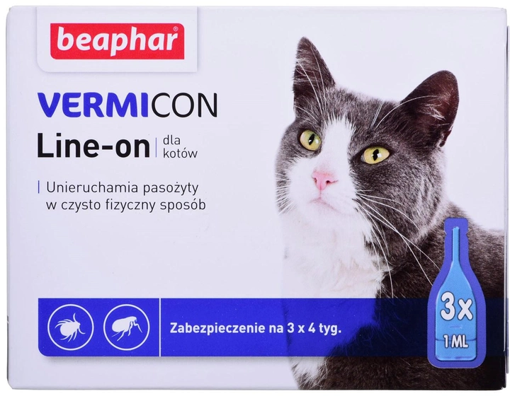 Krople przeciw pchłom i kleszczom dla kotów BEAPHAR Vermicon 3x1 ml (8711231119011) - obraz 1
