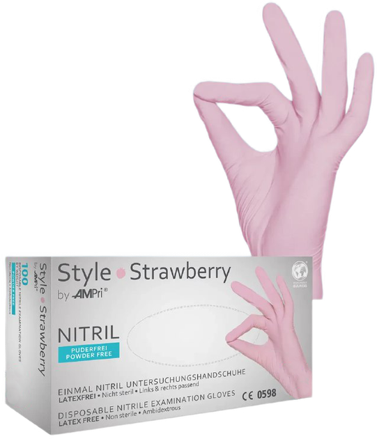 Рукавички нітрилові Ampri Style Strawberry неопудрені Размер M 100 шт Світло-рожеві (4044941008936) - зображення 1