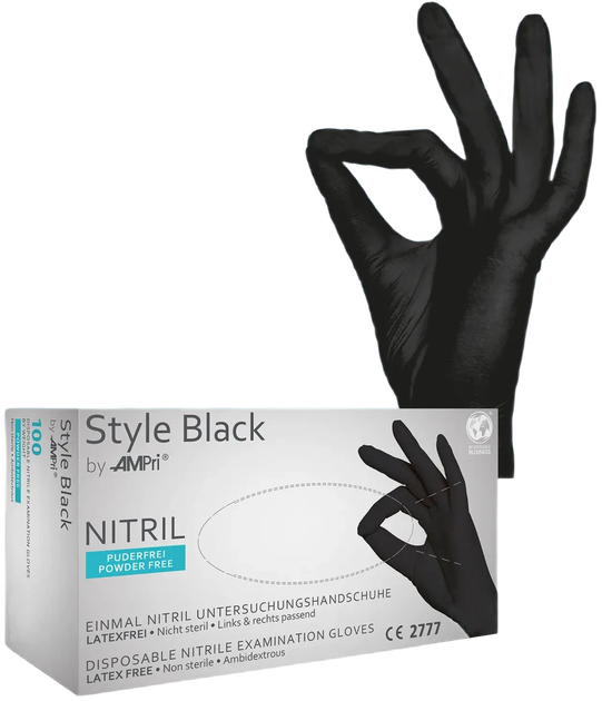 Рукавички нітрилові Ampri Style Black неопудрені Размер M 100 шт Чорні (4044941009131) - зображення 1