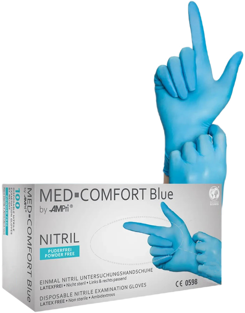 Перчатки нитриловые Med-Comfort Blue неопудренные Размер S 100 шт Голубые (4044941004174) - изображение 1