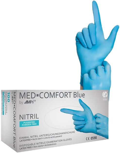 Рукавички нітрилові Med-Comfort Blue неопудрені Размер M 100 шт Блакитні (4044941004181) - зображення 1
