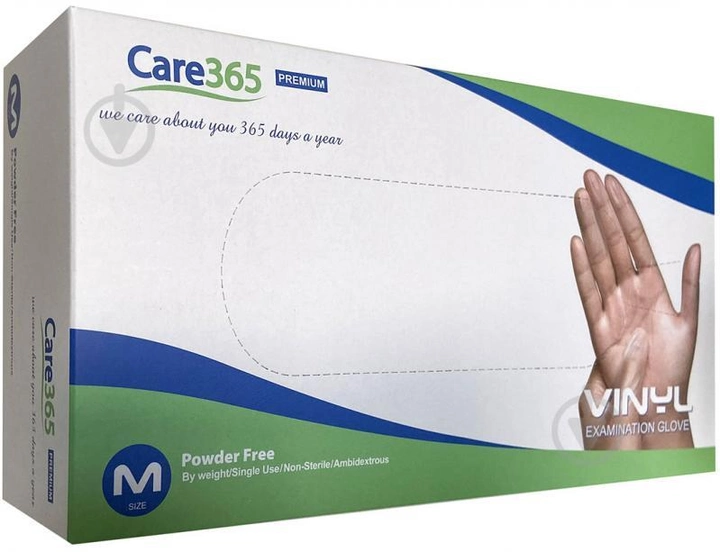 Прозрачные виниловые перчатки без пудры Care365 М 100шт/уп - изображение 1