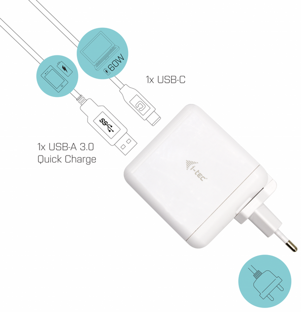 Зарядний пристрій i-Tec Travel Charger 60W + USB-A 18W UE + US (CHARGER-C60WT) - Фото 4 Зарядний пристрій i-Tec Travel Charger 60W + USB-A 18W UE + US (CHARGER-C60WT) - зображення 4