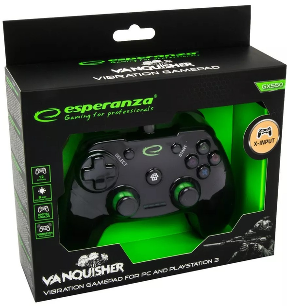 Pad do gier przewodowy Esperanza Vanquisher PS3/PC Czarny/Zielony (EGG110K) - obraz 4