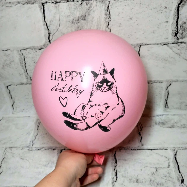 Повітряна кулька латексна хром з написом Happy birthday Злий кіт Рожева - Фото 1 Повітряна кулька латексна хром з написом Happy birthday Злий кіт Рожева - зображення 1
