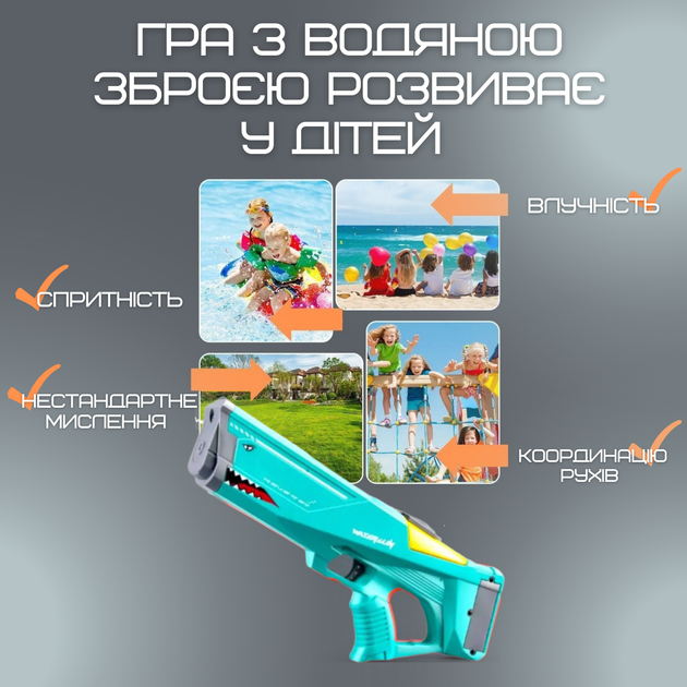 Водяной Автомат Электрический на Аккумуляторе Портативный Водный Бластер Для Детей и Взрослых Акула Зелёный - изображение 4