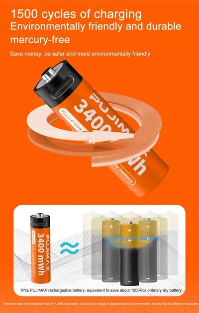 Акумулятор USB Type-C AA 3400mwh 1.5v Lithium Ion Li-Ion - батарея, що перезаряджається 2 шт Pujimax - зображення 4