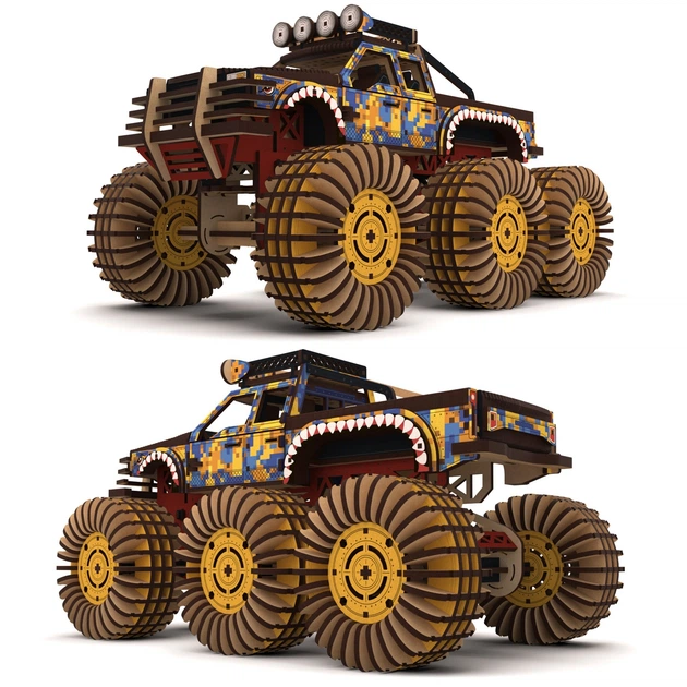 Дерев'яний 3D пазл-конструктор "MONSTER TRUCK" Жовто-Синій THEGRAVIX (03946) - Фото 2 Дерев'яний 3D пазл-конструктор "MONSTER TRUCK" Жовто-Синій THEGRAVIX (03946) - зображення 2