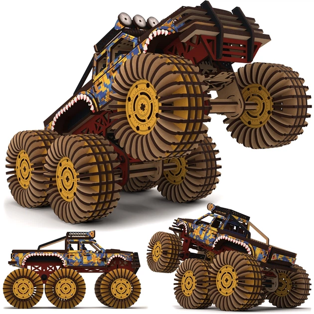 Дерев'яний 3D пазл-конструктор "MONSTER TRUCK" Жовто-Синій THEGRAVIX (03946) - Фото 5 Дерев'яний 3D пазл-конструктор "MONSTER TRUCK" Жовто-Синій THEGRAVIX (03946) - зображення 5