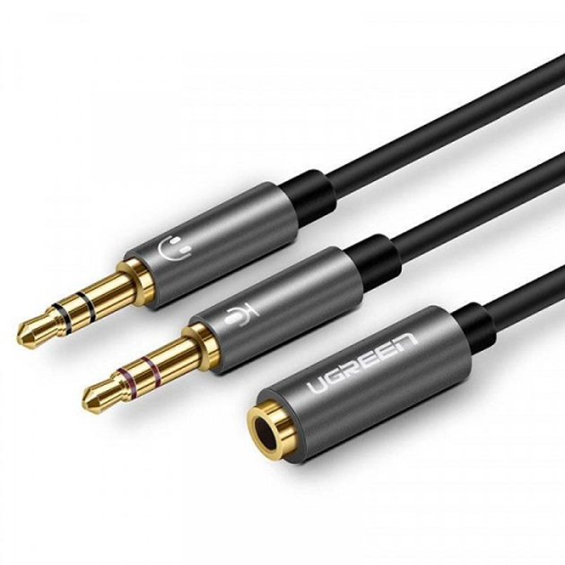 Кабель UGREEN 20899 Aluminum Case AV140 AUX 3.5мм TRRS - TRSx2 M/M 0.2м ...