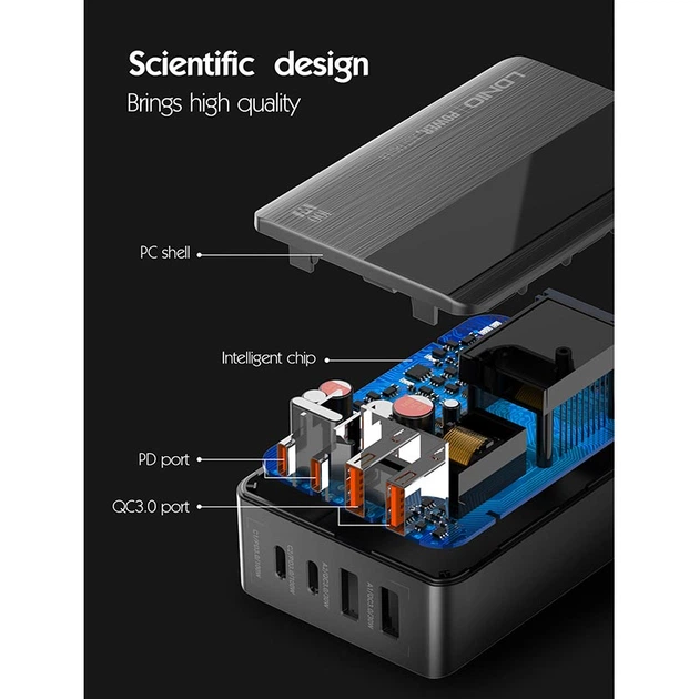 Адаптер мережевий LDNIO LED Display A4809C |2USB/2Type-C, GaN, PD3.0 100W/QC4.0| чорний - зображення 6