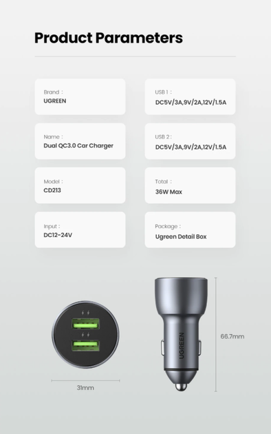 Автомобильное зарядное устройство Ugreen CD213 Dual USB Qualcomm Quick charge 3.0 36W - Фото 6 Автомобильное зарядное устройство Ugreen CD213 Dual USB Qualcomm Quick charge 3.0 36W - изображение 6