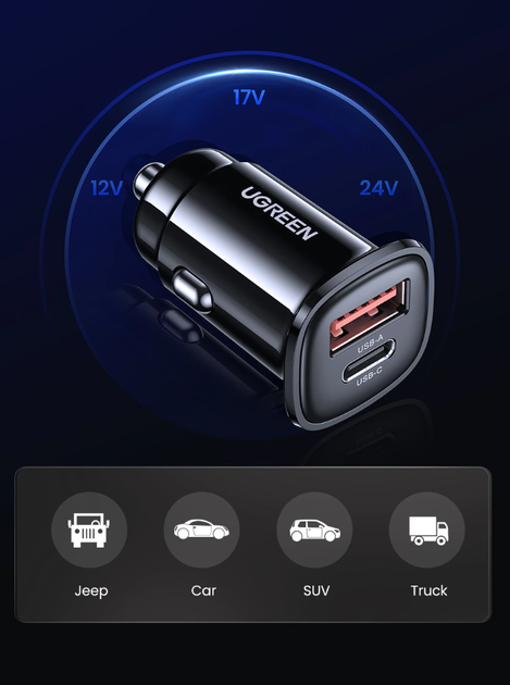 Автомобільний зарядний пристрій Ugreen 30w USB-C USB-A PD 3.0 QC 3.0 AFC FCP Black (CD332) - зображення 4