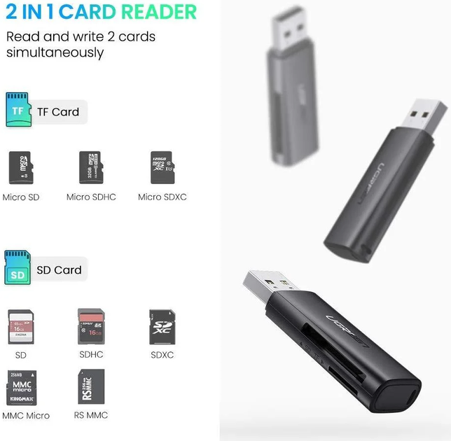 Картрідер USB 3.0 TF/SD Ugreen 60722 c підтримкою карт до 512Гб (Чорний) - Фото 2 Картрідер USB 3.0 TF/SD Ugreen 60722 c підтримкою карт до 512Гб (Чорний) - зображення 2