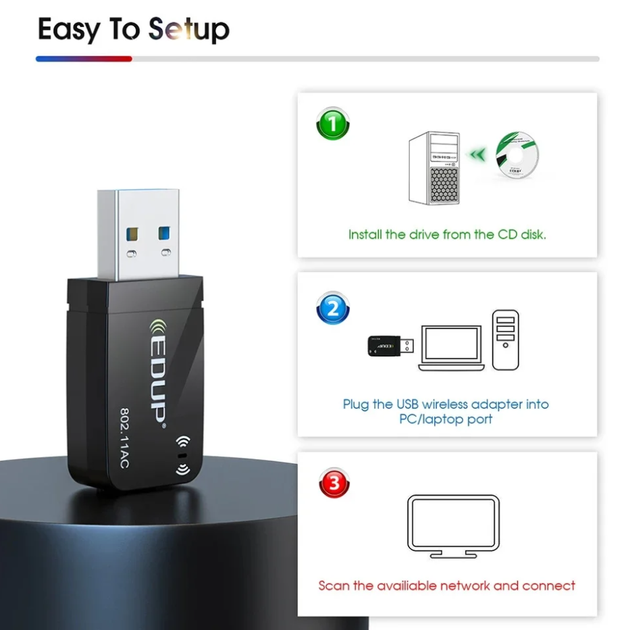 Адаптер Wifi EDUP EP-1689 чип 8812BU USB3.0 Gigabit 1300Mbps 2.4/5.8Ghz Двухдиапазонный - Фото 5 Адаптер Wifi EDUP EP-1689 чип 8812BU USB3.0 Gigabit 1300Mbps 2.4/5.8Ghz Двухдиапазонный - изображение 5