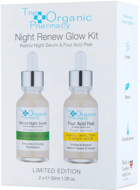 Zestaw The Organic Pharmacy Night Repair Glow Four Acid Peel Exfoliate & Brighten 30ml + Retinol Night Serum Fine Lines & Wrinkles 30ml (5060373521392) - obraz 1