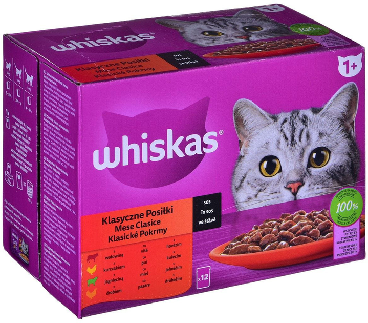 Opakowanie kompletnej i zbilansowanej karmy mokrej dla kotów Whiskas Klasyczne Posiłki w sosie 85 g x 12 szt (8410136025853) - obraz 1