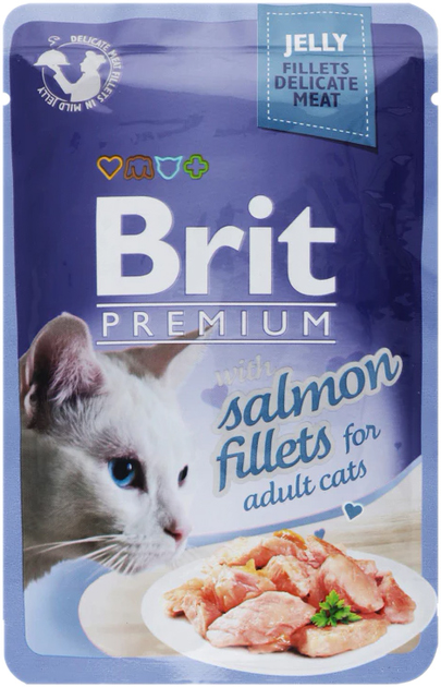Mokra karma pełnoporcjowa dla kotów dorosłych Brit Cat Pouch jelly fillets with salmon 85 g (8595602518487) - obraz 1