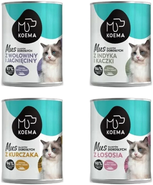 Вологий корм для дорослих котів Koema mousse for Cat mix 4 смаку 400 г x 4 (курка, індичка з качкою, яловичина з бараниною, лосось) (5904734019411) - зображення 1