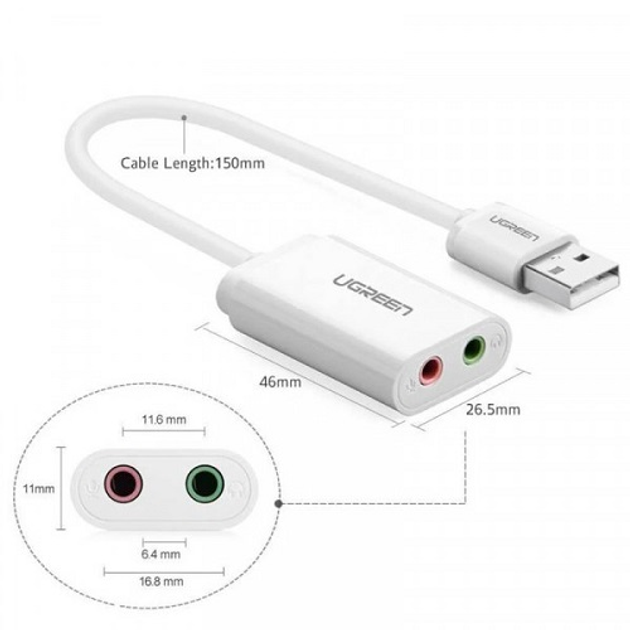Звуковая карта Ugreen US205 30143 USB AUX Jack TRRS Mic/EarALC4042 15cm Белая - изображение 3