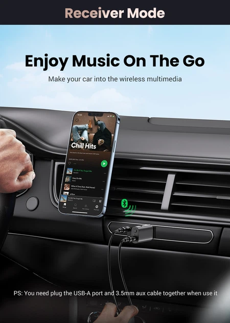 Автомобільний приймач Bluetooth UGREEN CM523 Bluetooth 5.1 AUX 3.5 мм 2 в 1 - зображення 5