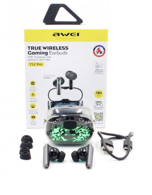 Беспроводные вакуумные Bluetooth наушники в кейсе AWEI T52 PRO TWS Спорт Подсветка кейса Активное шумоподавления Управление громкостью Черный (El-0954) - изображение 8
