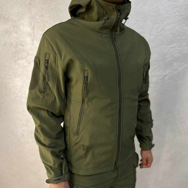 Чоловіча водонепроникна Куртка Softshell з капюшоном та вентиляційними блискавками олива розмір 2XL - зображення 1