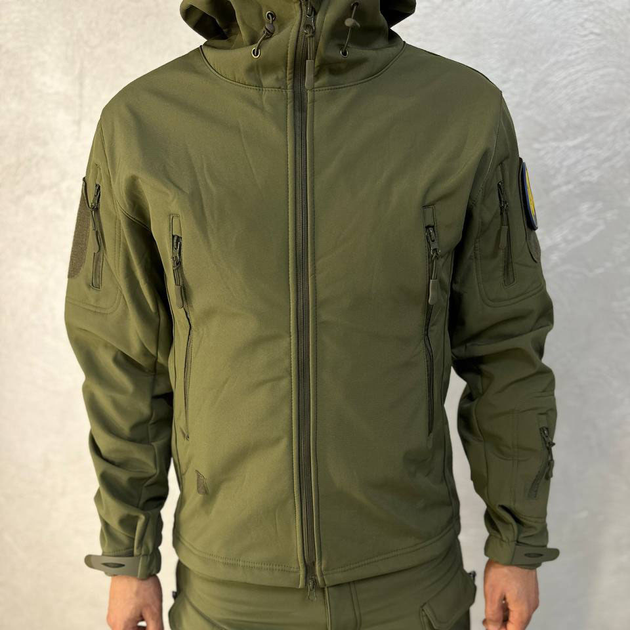 Чоловіча водонепроникна Куртка Softshell з капюшоном та вентиляційними блискавками олива розмір XL - зображення 2