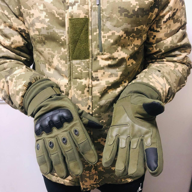 Плотные зимние перчатки на меху с сенсорными пальцами и защитными накладками хаки размер L - изображение 2
