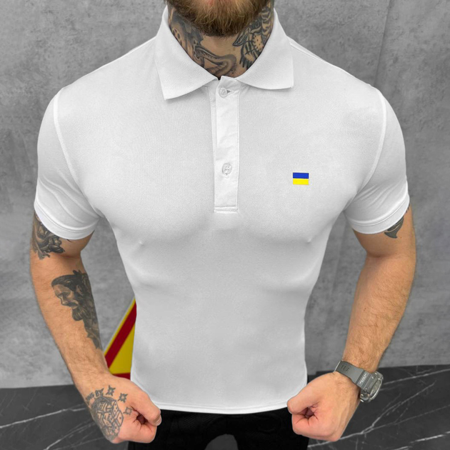 Чоловіче щільне Поло із принтом "Прапор України" / Футболка приталеного крою біла розмір 2XL - зображення 2