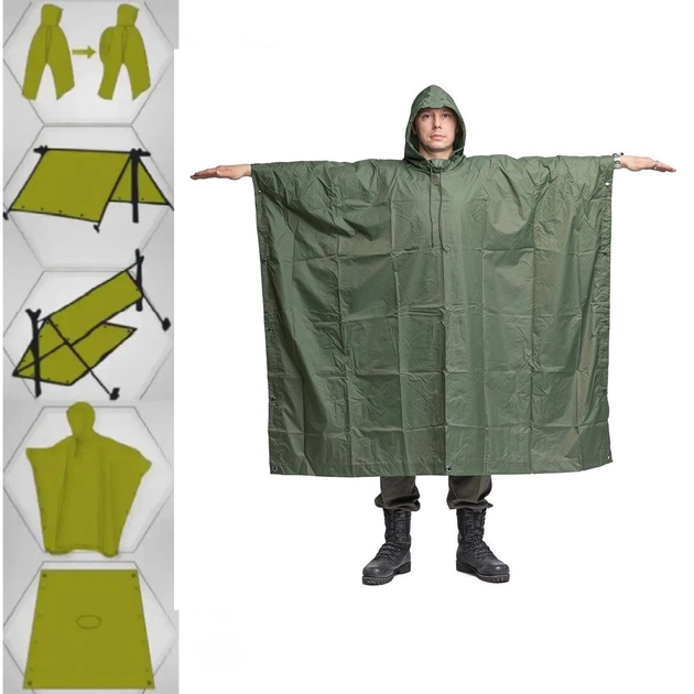 Тактический дождевик-пончо-тент Tactical Poncho военный дождевик-палатка, оксфорд прорезиненый, накидка от дождя Зеленый - изображение 2