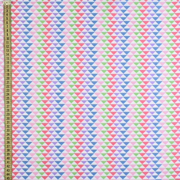 Коттон белый в синие, розовые, зеленые треугольники, ш.145 (18480.004) - изображение 3