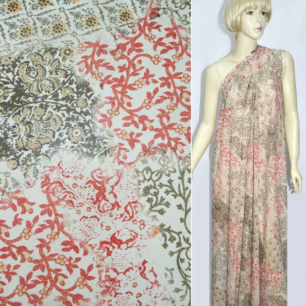 Сітка стрейч бежева з червоно-коричневим малюнком ш.140 (19402.002) - Фото 1 Сітка стрейч бежева з червоно-коричневим малюнком ш.140 (19402.002) - зображення 1