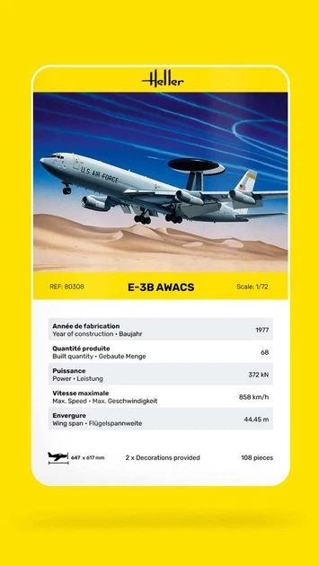 Сборная модель 1/72 самолет с радиолокационной антенной E-3B Awacs Boeing Heller 80308 - изображение 5