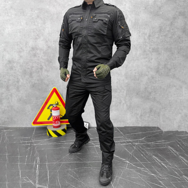 Прочный мужской Костюм F16 Рубашка + Брюки / Полевая Форма рип-стоп черная размер 3XL - изображение 1