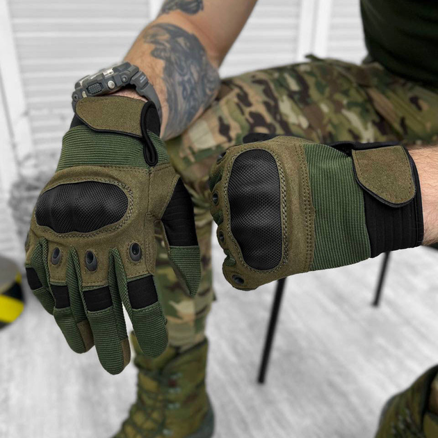 Плотные сенсорные перчатки с защитными карбоновыми накладками хаки размер XL - изображение 1