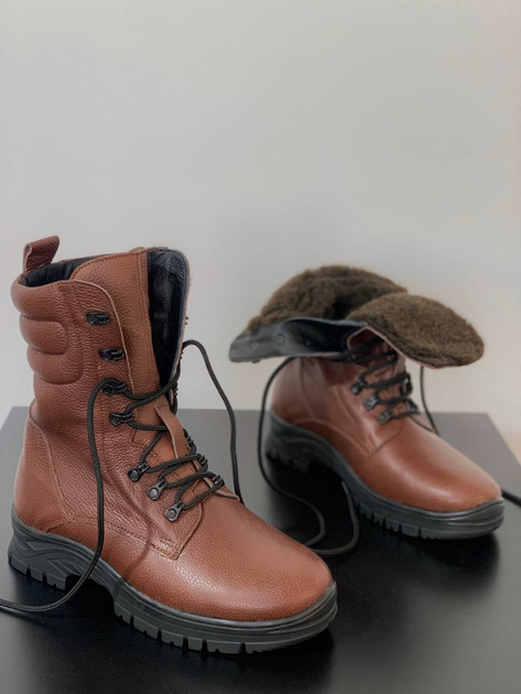 Зимние Берцы Ястреб из натуральной кожи с меховой подкладкой / Высокие утепленные ботинки коричневые размер 38 - изображение 1