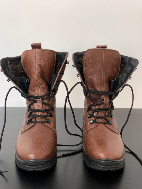 Зимние Берцы Ястреб из натуральной кожи с меховой подкладкой / Высокие утепленные ботинки коричневые размер 49 - изображение 2