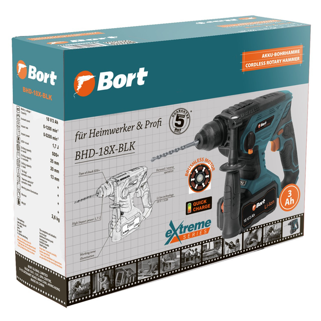 Аккумуляторный перфоратор Bort BHD-18X-BLK - изображение 6