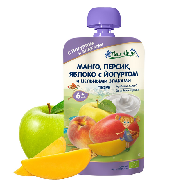 Фруктовое органическое пюре Fleur Alpine Манго, Персик, Яблоко с Йогуртом и цельными Злаками 120 г (5024688001147) - изображение 2