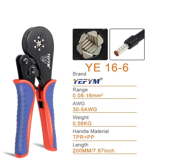 Кримпер Yefym YE 16-6, 30-5AWG, клещи для обжима трубчатых наконечников 0.08 - 16 мм² - Фото 4 Кримпер Yefym YE 16-6, 30-5AWG, клещи для обжима трубчатых наконечников 0.08 - 16 мм² - изображение 4