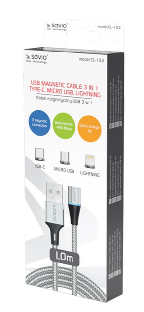 Kabel Savio CL-153 Magnetic 3 w 1 Type-C, Micro USB, Lightning (SAVKABELCL-153) - obraz 2