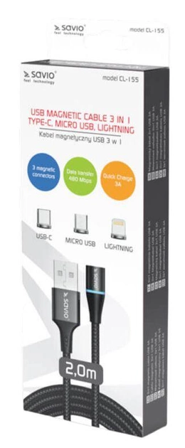 Kabel Savio CL-155 Magnetic 3 w 1 Type-C, Micro USB, Lightning (SAVKABELCL-155) - obraz 2