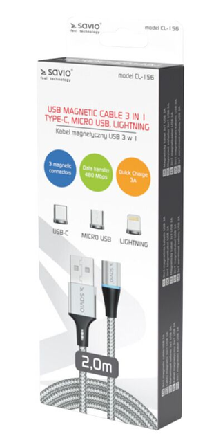 Kabel Savio CL-156 Magnetic 3 w 1 Type-C, Micro USB, Lightning (SAVKABELCL-156) - obraz 2
